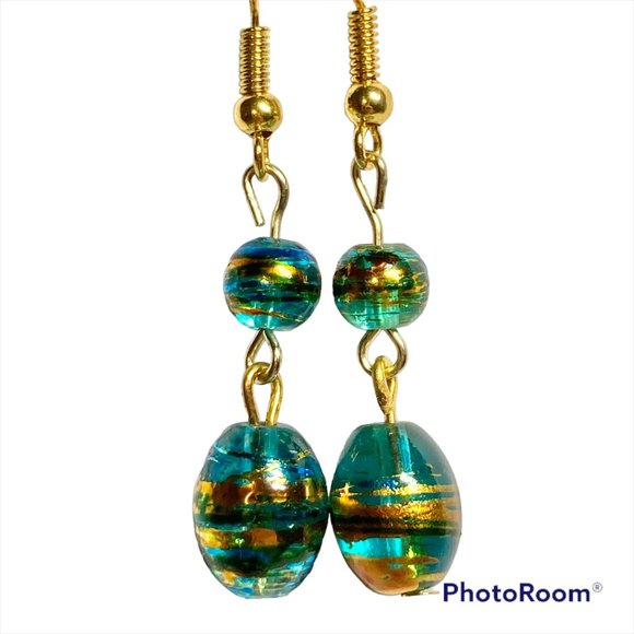 Aqua Blue Murano Art Glass Earrings Bead Hand Painted Round Oval Gold Plated - Picture 1 of 12